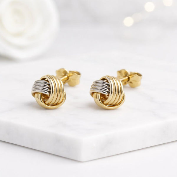 knot earrings stud earrings knot studs love knot earrings two tone earrings gold silver earrings woven earrings