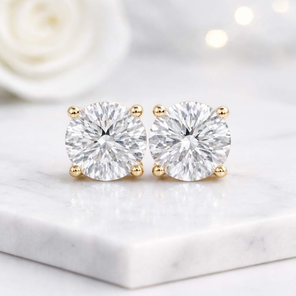 lab diamond earrings round stud earrings solitaire earrings gold stud earrings yellow gold earrings four prong earrings