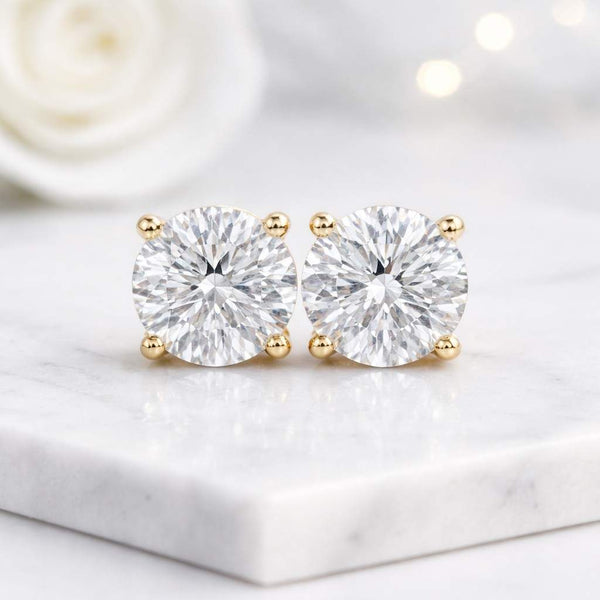 lab diamond earrings round stud earrings solitaire earrings gold stud earrings yellow gold earrings four prong earrings