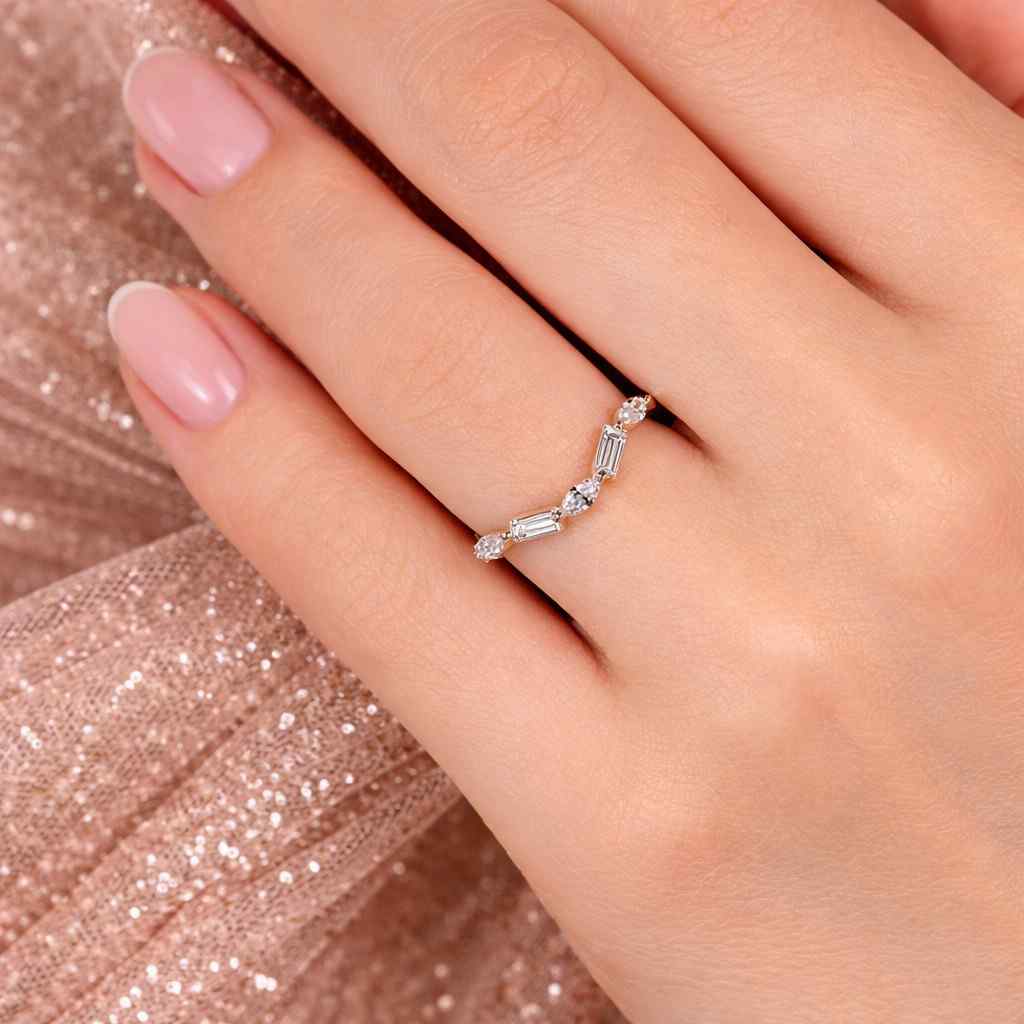 lab diamond ring curved stacking ring bridal ring band crown enhancer ring nesting wedding band chevron wedding ring