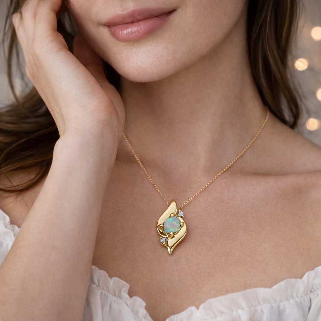 leaf pendant nature necklace organic design swirl pendant abstract pendant artistic necklace opal charm gold chain necklace