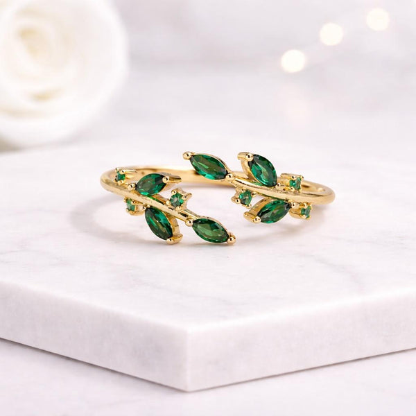 leaf ring branch ring vine ring nature ring botanical ring open ring adjustable ring wrap ring twig ring green ring gemstone ring
