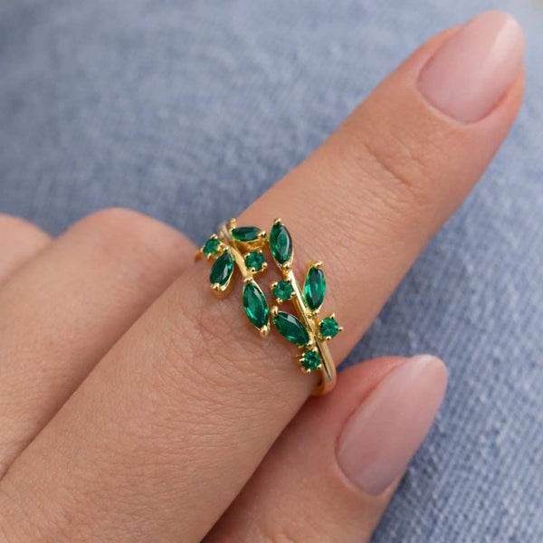 leafy ring vine band botanical jewelry branch band nature inspired floral jewelry green gemstone open cuff ring