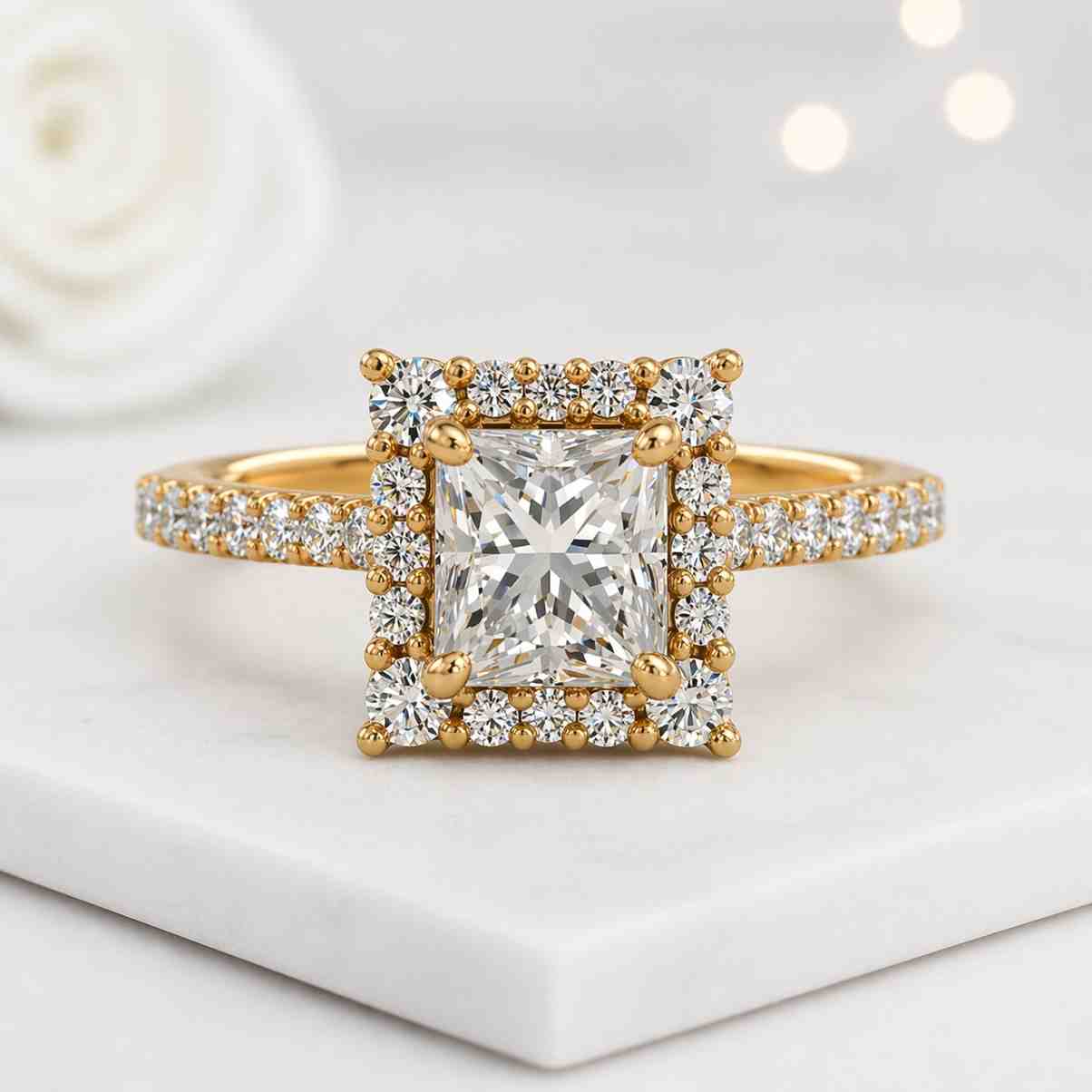 lover jewelry gift jewelry women jewelry bridal accessory modern ring design timeless ring square center ring halo setting ring side stone ring polished gold ring slim band ring delicate ring
