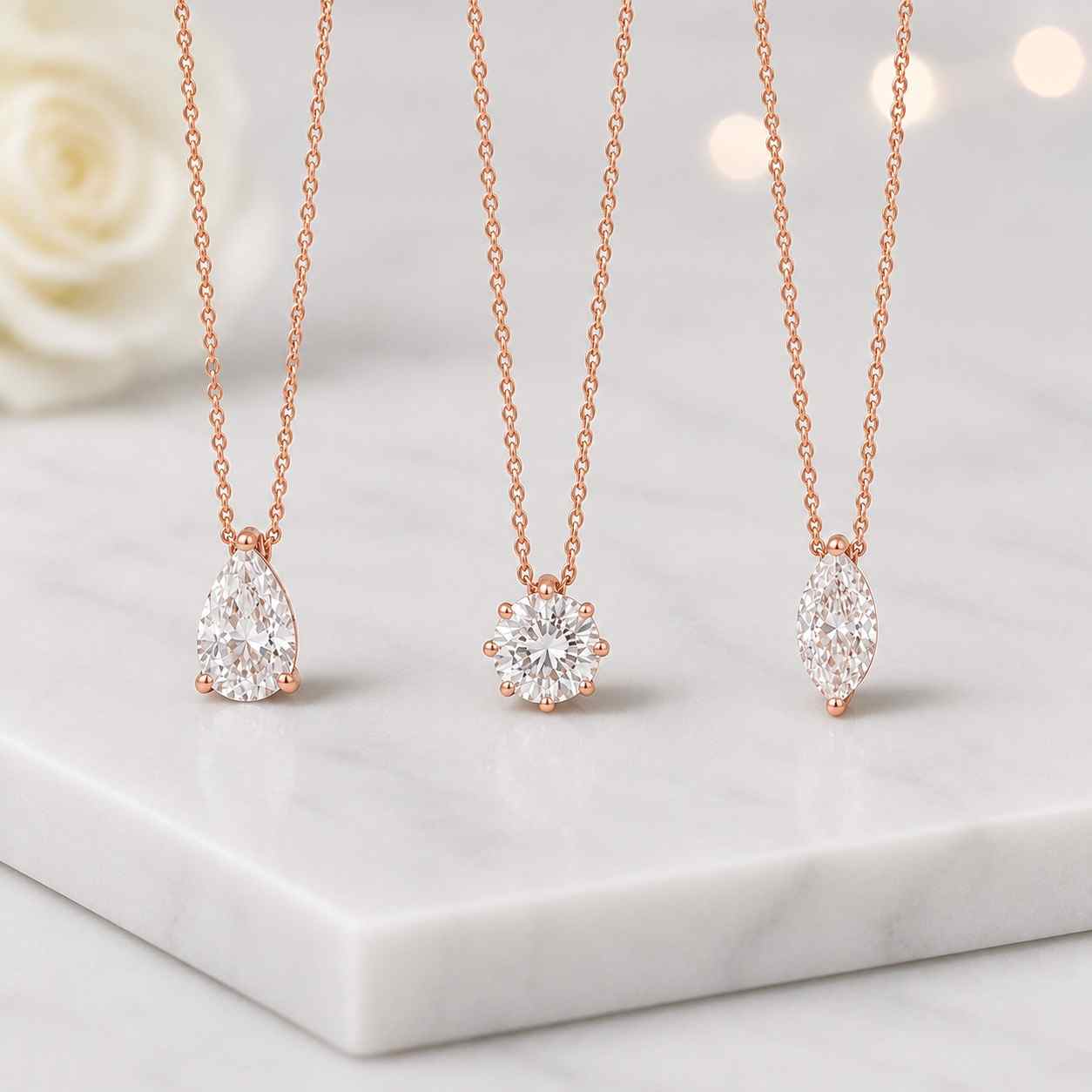 lab grown diamond gold necklace, pear round & marquise pendant necklace