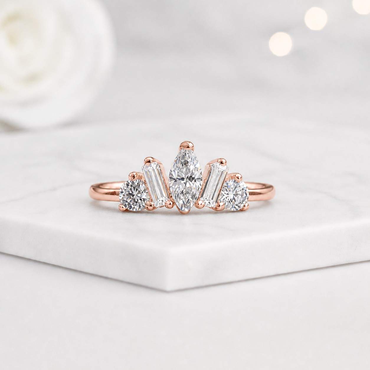 marquise ring crown ring cluster ring five stone ring lab grown ring rose gold ring statement ring bridal ring