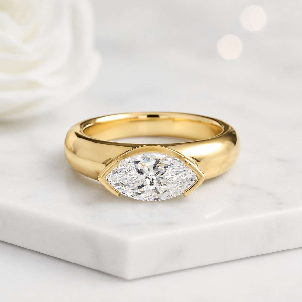 marquise solitaire bezel solitaire wide shank ring gold solitaire sleek band dome ring comfort band modern jewelry fine ring luxury ring classic jewelry simple jewelry clean style polished finish smooth finish bold jewelry everyday jewelry bridal jewelry