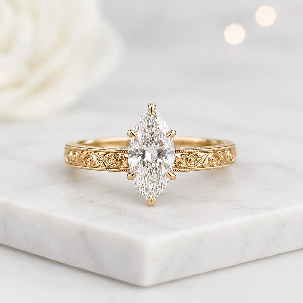3CT Marquise Cut Lab Grown Diamond Ring | Hidden Halo Engagement Ring | Engraved Vintage Floral Band Ring | Antique Milgrain Marquise Ring