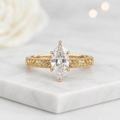 3CT Marquise Cut Lab Grown Diamond Ring | Hidden Halo Engagement Ring | Engraved Vintage Floral Band Ring | Antique Milgrain Marquise Ring