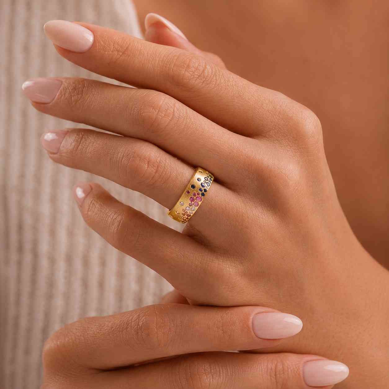 multicolor band confetti ring bubble ring scattered stones flush mount ring rainbow gemstones colorful wedding band