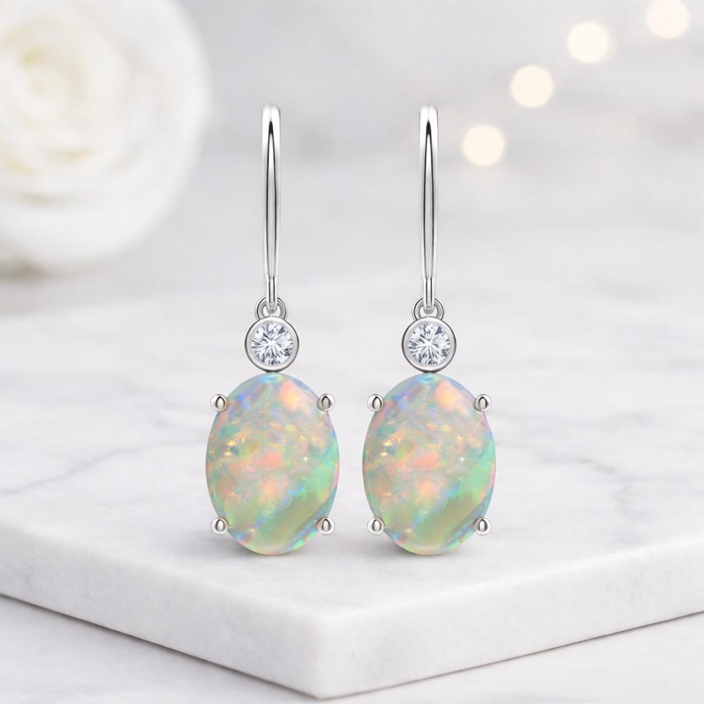 opal dangle oval gemstone silver hook earrings drop jewelry dangling opal rainbow opal opal accessory opal fashion gemstone jewelry