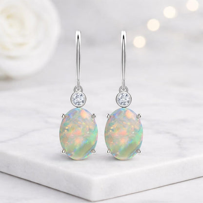 opal dangle oval gemstone silver hook earrings drop jewelry dangling opal rainbow opal opal accessory opal fashion gemstone jewelry