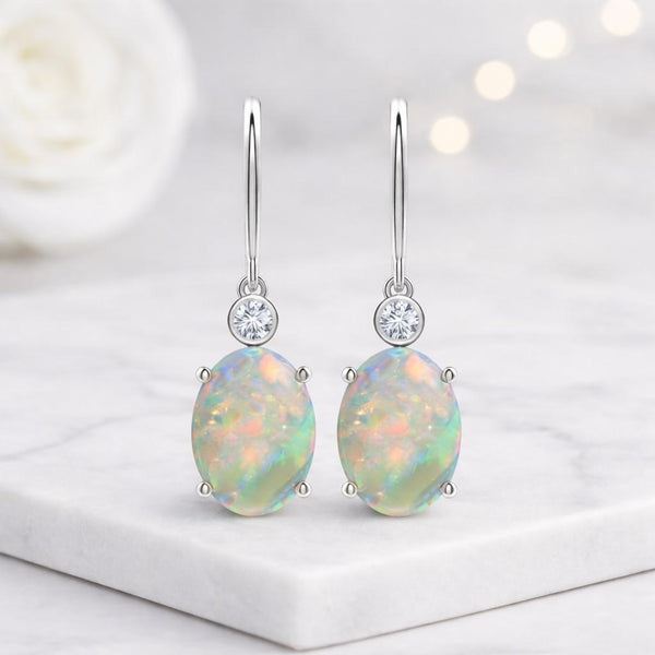 opal dangle oval gemstone silver hook earrings drop jewelry dangling opal rainbow opal opal accessory opal fashion gemstone jewelry