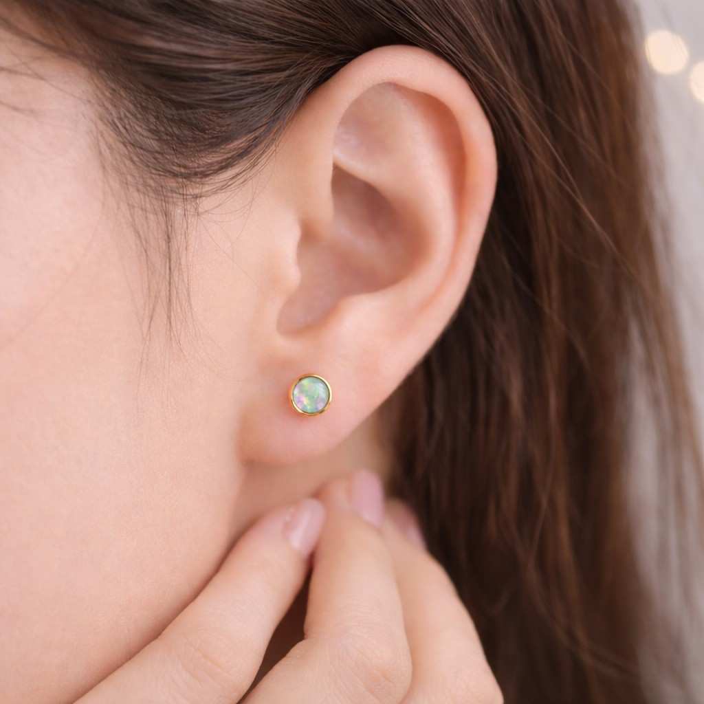 opal posts round opal studs bezel set earrings gold bezel earrings white gemstone earrings iridescent earrings fire opal look luminous earrings