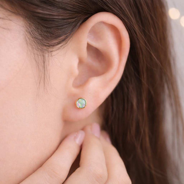 opal posts round opal studs bezel set earrings gold bezel earrings white gemstone earrings iridescent earrings fire opal look luminous earrings