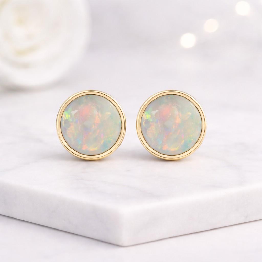 opal stud earrings round stud earrings bezel stud earrings gold stud earrings white opal earrings small stud earrings