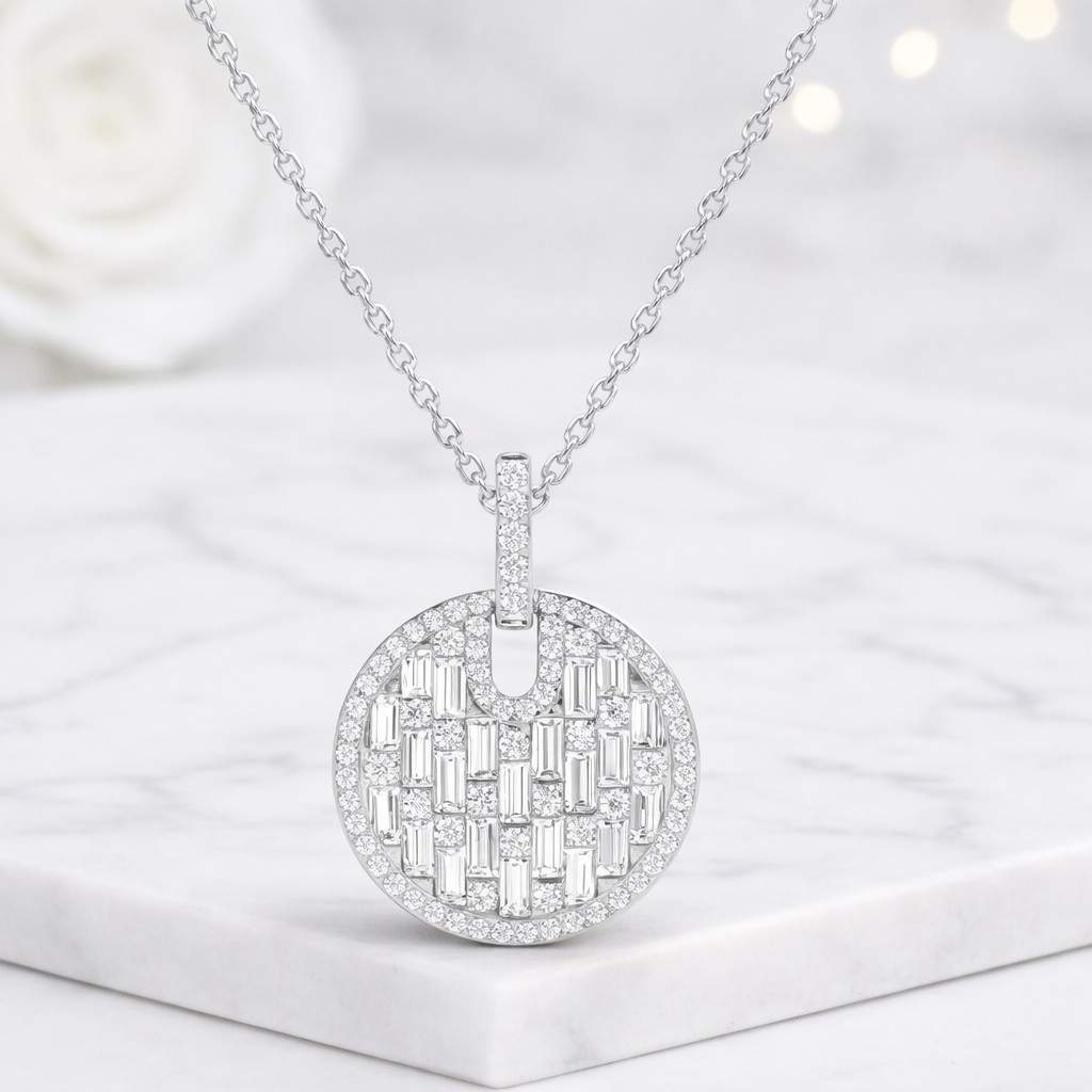 open bail pendant framed pendant round necklace crystal necklace gold chain necklace with stones baguette cluster pendant pave circle necklace delicate chain necklace women jewelry pendant jewelry