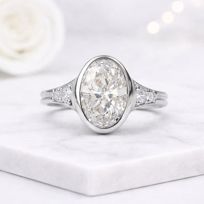 oval cut ring bezel set ring lab diamond ring oval solitaire ring oval stone ring side diamonds ring elegant jewelry