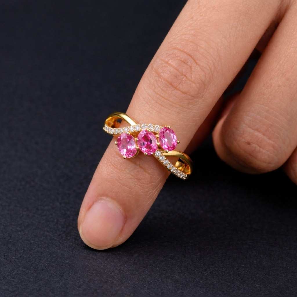 oval cut ring pink stone ring three gemstone ring infinity band ring crossover design ring curved band ring prong set ring bright pink ring feminine ring delicate ring luxury ring fine ring dress ring cocktail ring