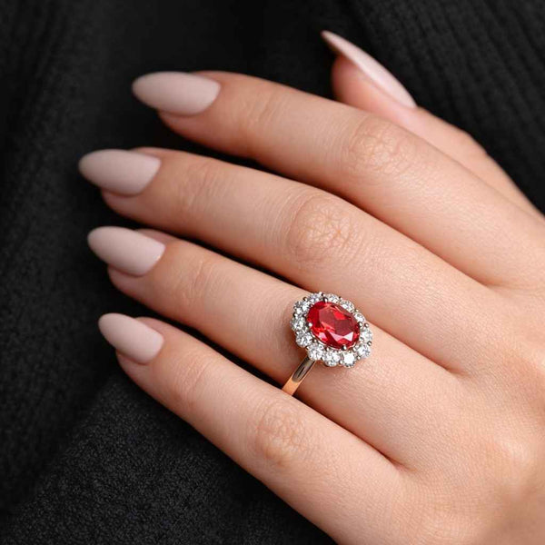 oval cut ring ruby jewelry red gemstone ring halo engagement ring flower halo ring bright ruby ring