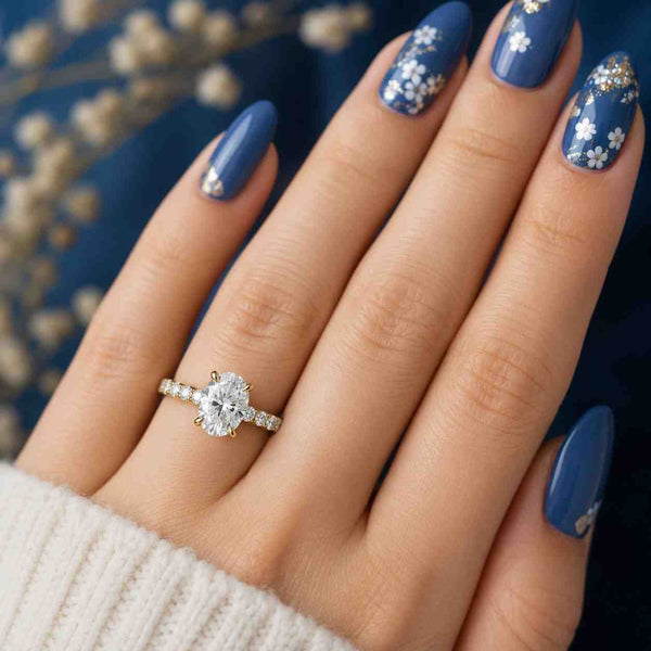 oval engagement oval solitaire oval diamond oval moissanite oval gemstone gold engagement thin shank pave band hidden halo ring