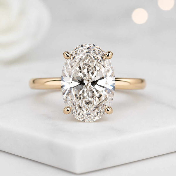 oval engagement ring oval solitaire ring hidden halo ring gold ring thin band ring four prong ring