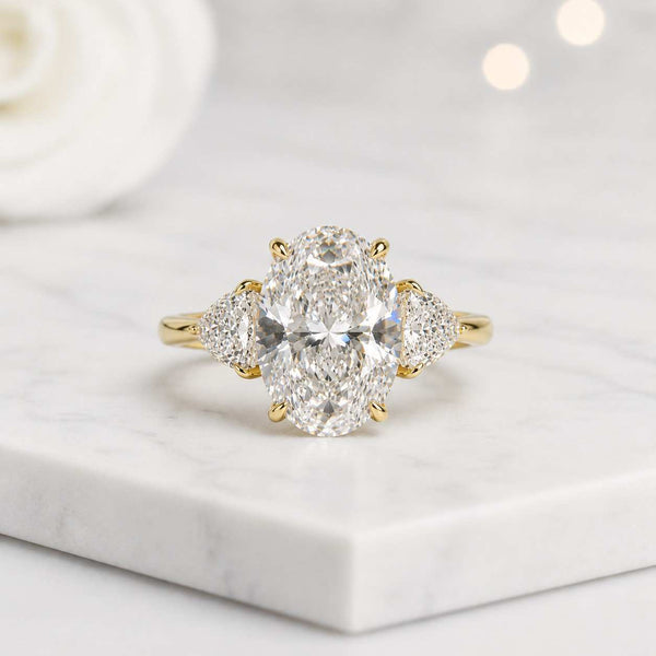 oval engagement ring three stone ring oval cut ring trillion side stone lab grown ring statement ring