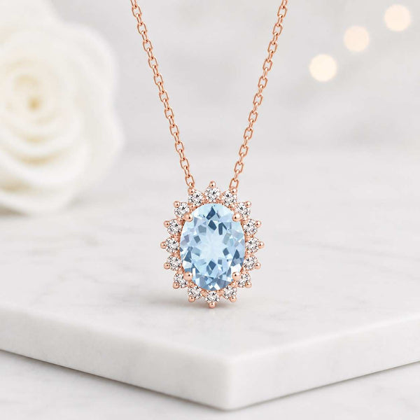 oval pendant necklace halo pendant blue gemstone necklace solitaire pendant bridal necklace dainty necklace everyday necklace