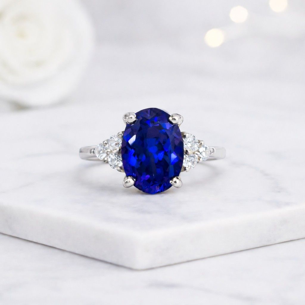 oval ring blue gemstone ring sapphire ring three stone ring solitaire ring statement ring promise ring bridal ring women ring elegant ring fine jewelry