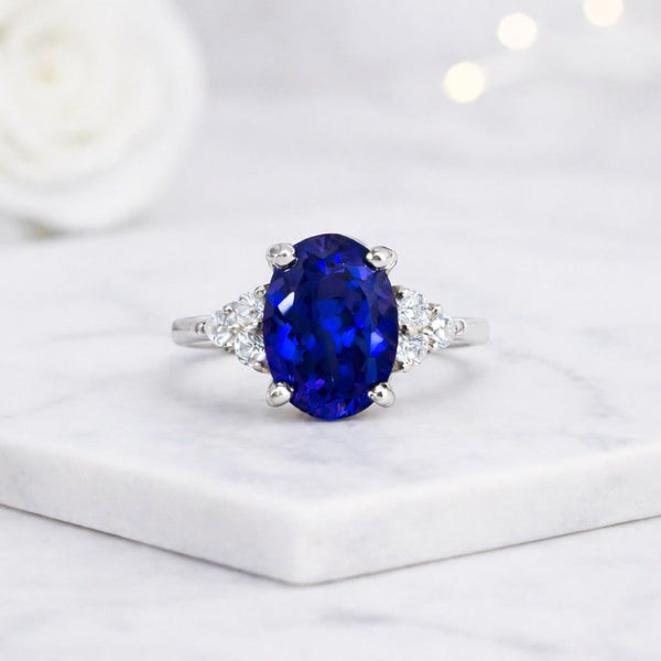 oval ring blue gemstone ring sapphire ring three stone ring solitaire ring statement ring promise ring bridal ring women ring elegant ring fine jewelry