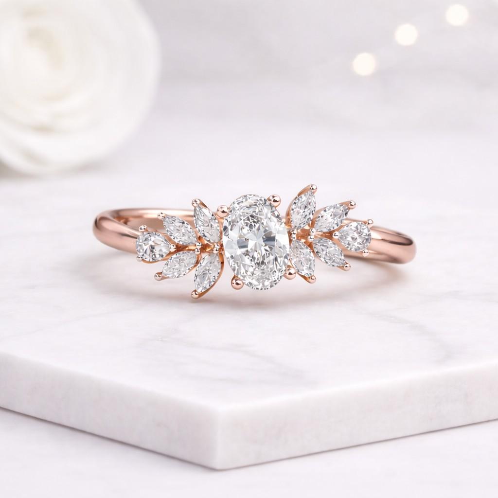 oval ring floral ring leaf ring nature ring rose gold ring promise ring women ring dainty ring elegant ring statement ring