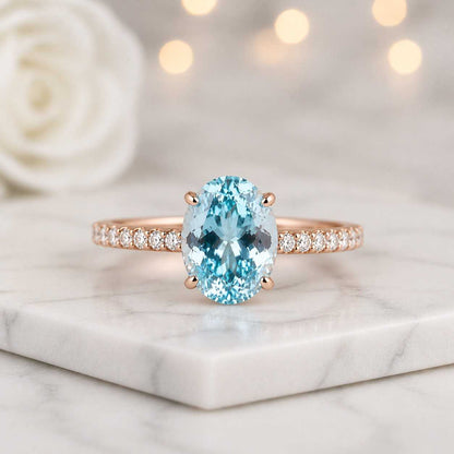 oval ring solitaire ring aquamarine ring blue gemstone ring rose gold ring promise ring statement ring fine jewelry women ring