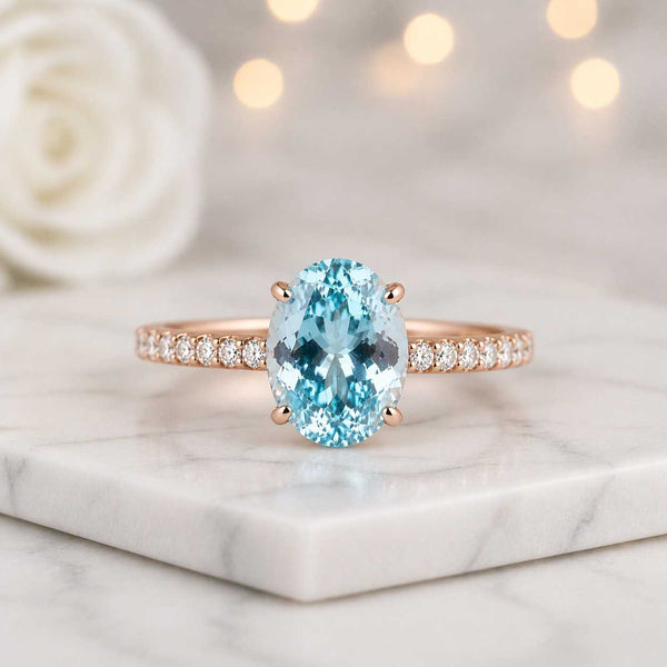 oval ring solitaire ring aquamarine ring blue gemstone ring rose gold ring promise ring statement ring fine jewelry women ring