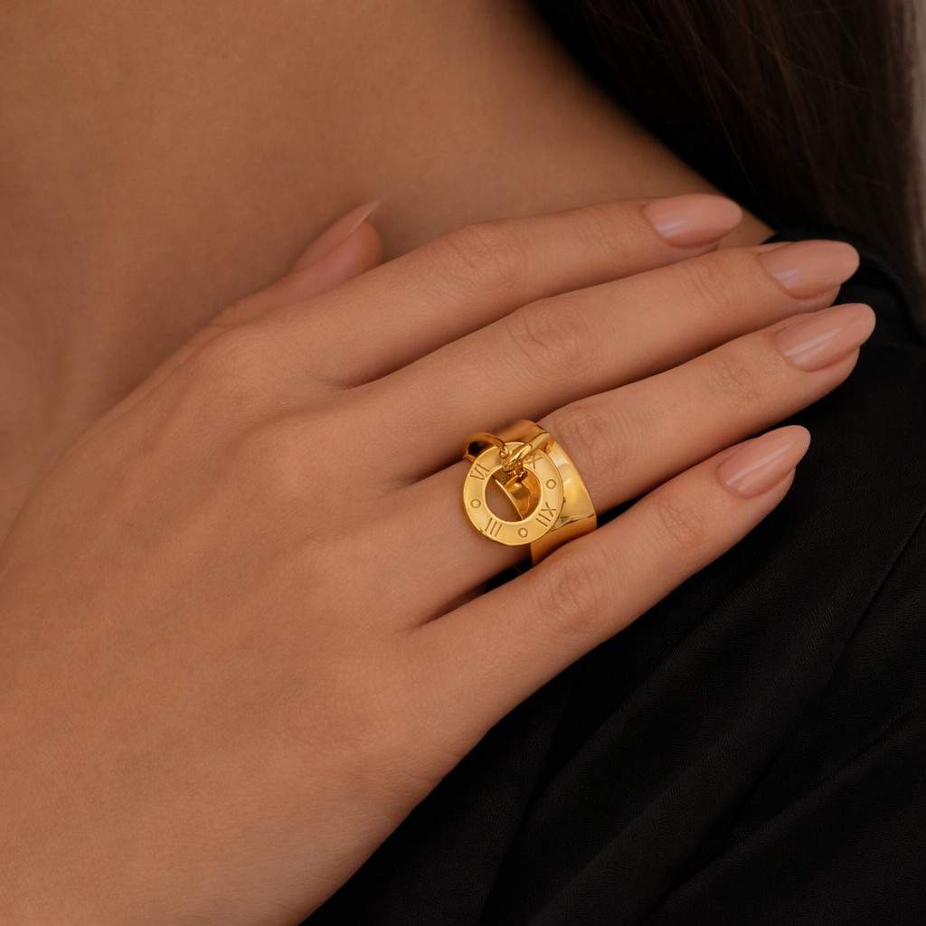 oversized ring wide ring cuff style ring thick band ring charm pendant ring hanging charm ring roman number ring circle tag ring gold tone ring statement jewelry