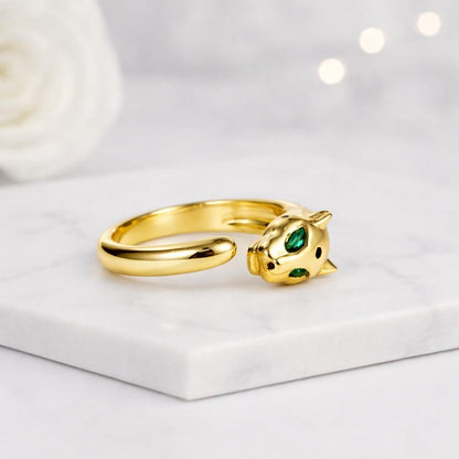 panther ring leopard ring cat ring animal ring open ring adjustable ring gold ring statement ring wrap ring head ring green eye ring women ring fashion ring