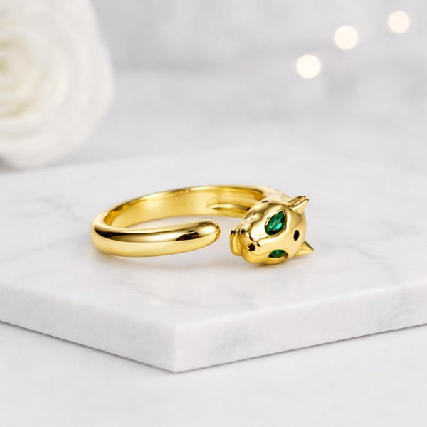 panther ring leopard ring cat ring animal ring open ring adjustable ring gold ring statement ring wrap ring head ring green eye ring women ring fashion ring