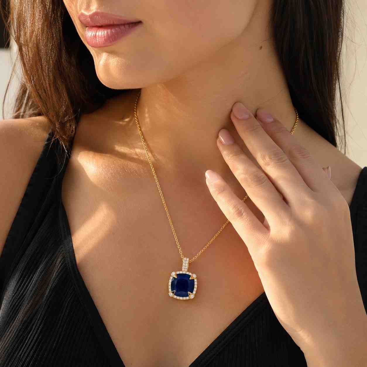 pave halo blue stone necklace sparkling pendant everyday necklace gift necklace fashion pendant timeless pendant