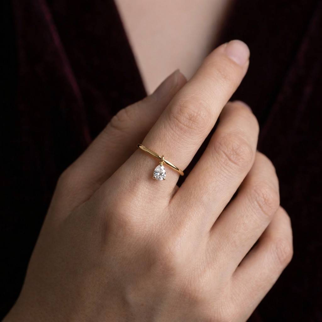 pear charm ring drop stone ring hanging gem ring teardrop charm ring solitaire charm ring thin stacking ring