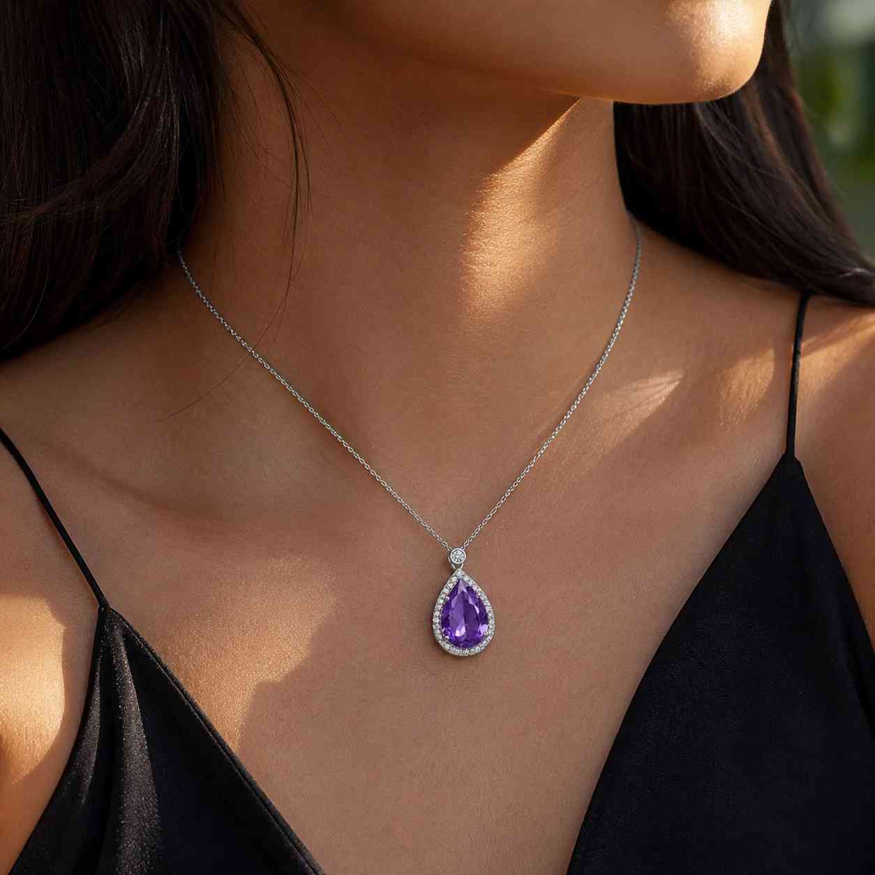 pear cut pendant violet pendant amethyst pendant purple crystal pear gemstone halo necklace gemstone necklace drop pendant