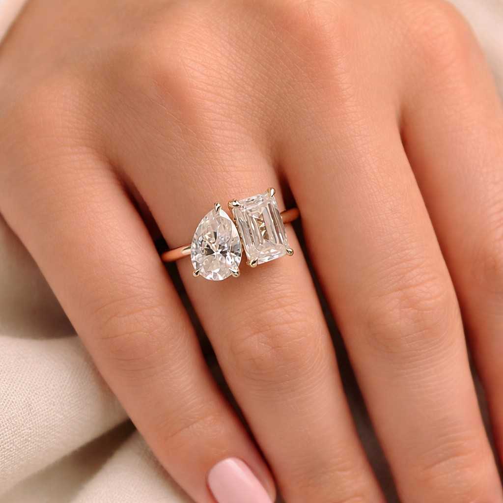 pear cut ring emerald cut ring dual stone ring two stone ring open band ring asymmetrical ring gold band ring