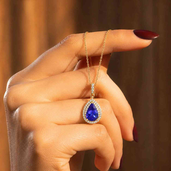 pear pendant necklace blue gemstone necklace halo pendant teardrop pendant pear necklace drop necklace
