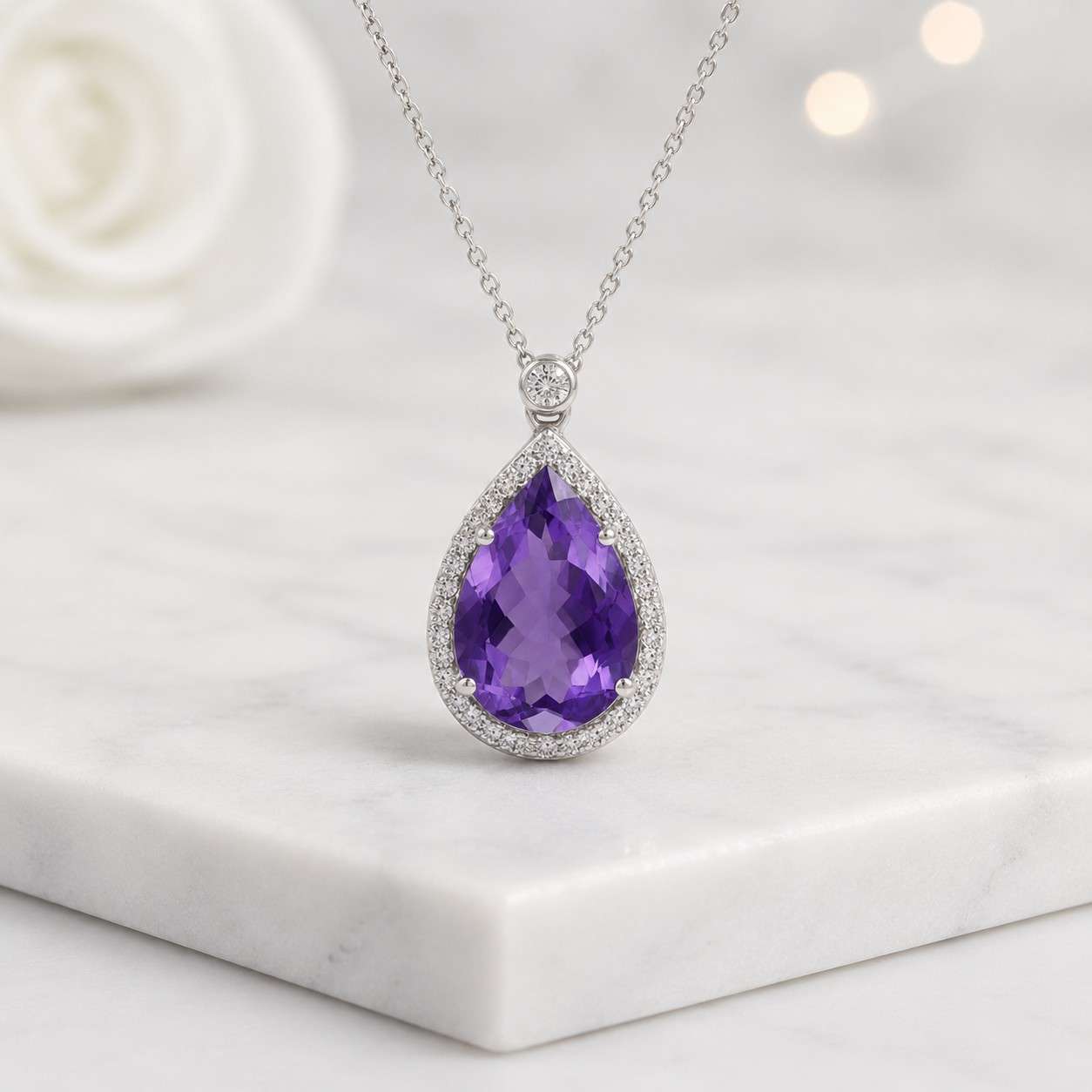 pear pendant pear necklace purple pendant purple necklace gemstone pendant halo pendant teardrop pendant drop necklace