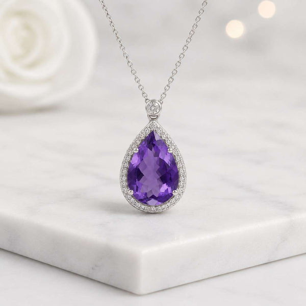 pear pendant pear necklace purple pendant purple necklace gemstone pendant halo pendant teardrop pendant drop necklace