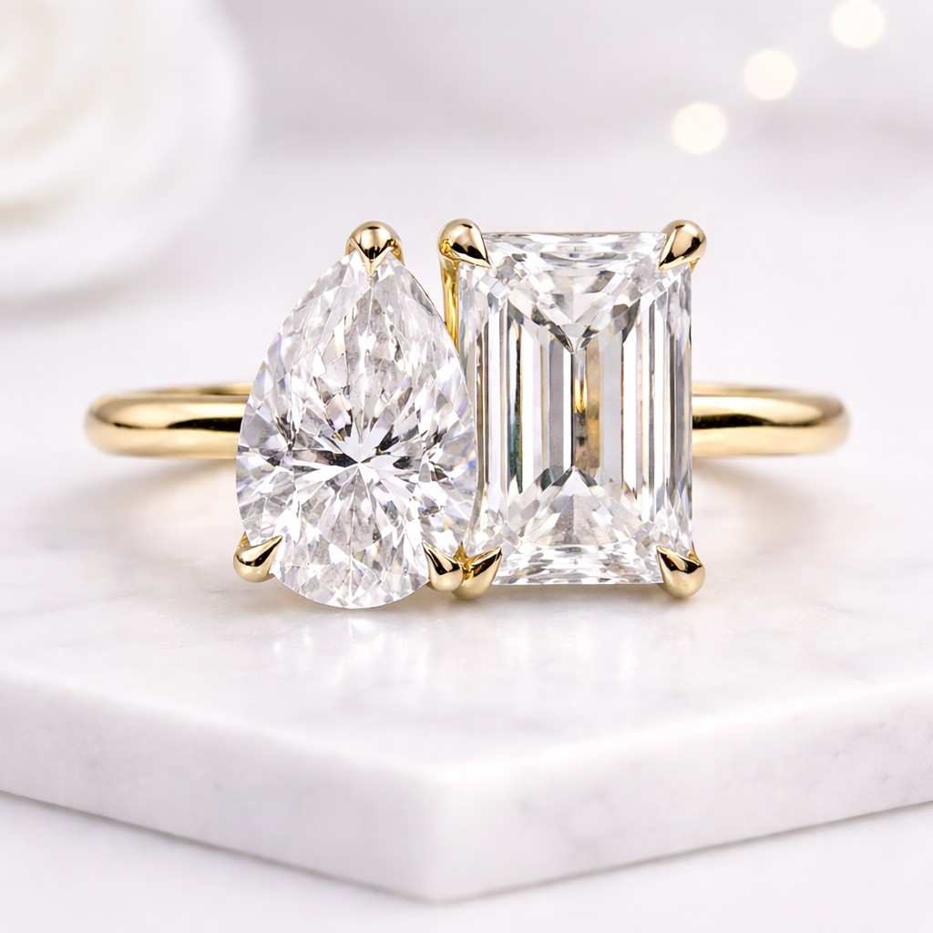pear ring emerald ring toi et moi ring gold ring statement ring double stone ring open ring bypass ring unique ring