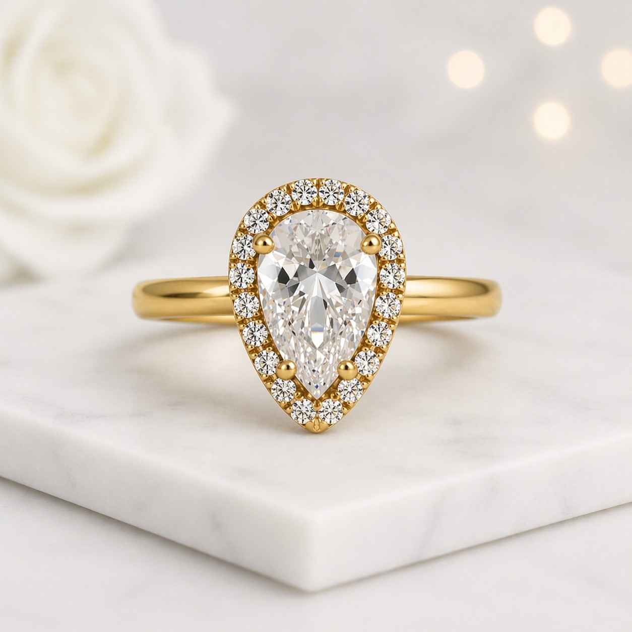 pear ring halo ring gold ring solitaire ring pear halo ring teardrop ring statement ring promise ring bridal ring women ring fine jewelry elegant ring luxury ring classic ring