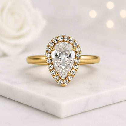 pear ring halo ring gold ring solitaire ring pear halo ring teardrop ring statement ring promise ring bridal ring women ring fine jewelry elegant ring luxury ring classic ring