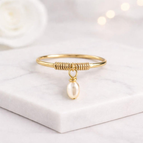 pearl ring gold pearl ring dangling pearl ring drop pearl ring wire wrapped ring handmade pearl ring minimalist ring