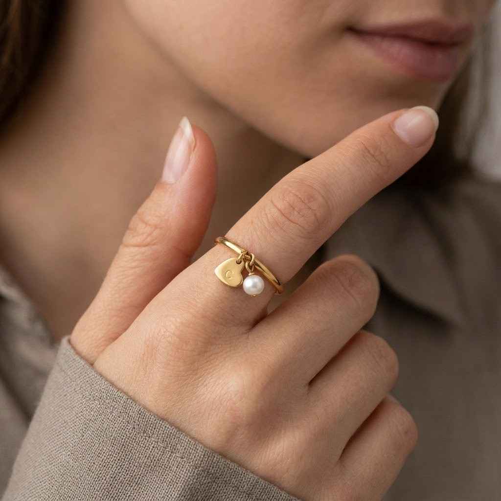 pearl ring gold ring charm ring dainty ring stacking ring thin band ring minimalist ring personalized ring initial ring heart charm ring pearl charm ring women ring everyday ring simple ring cute ring delicate ring