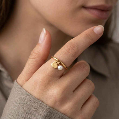 pearl ring gold ring charm ring dainty ring stacking ring thin band ring minimalist ring personalized ring initial ring heart charm ring pearl charm ring women ring everyday ring simple ring cute ring delicate ring