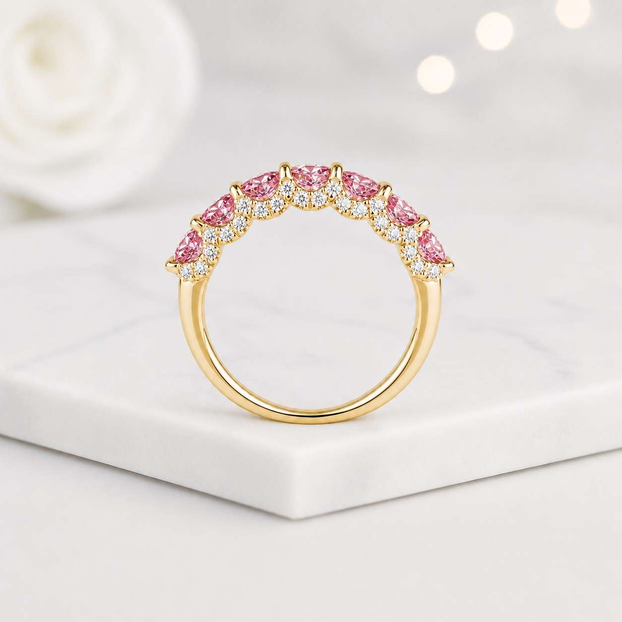 pink eternity band pink wedding band pink anniversary ring pink stacking ring pink gemstone band pink gold ring round stone ring half band